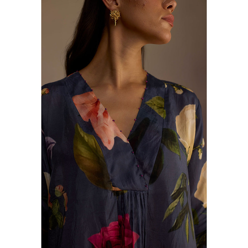Roza Navy Blue Iris Floral Printed Short Kurta with Pant (Set of 2)