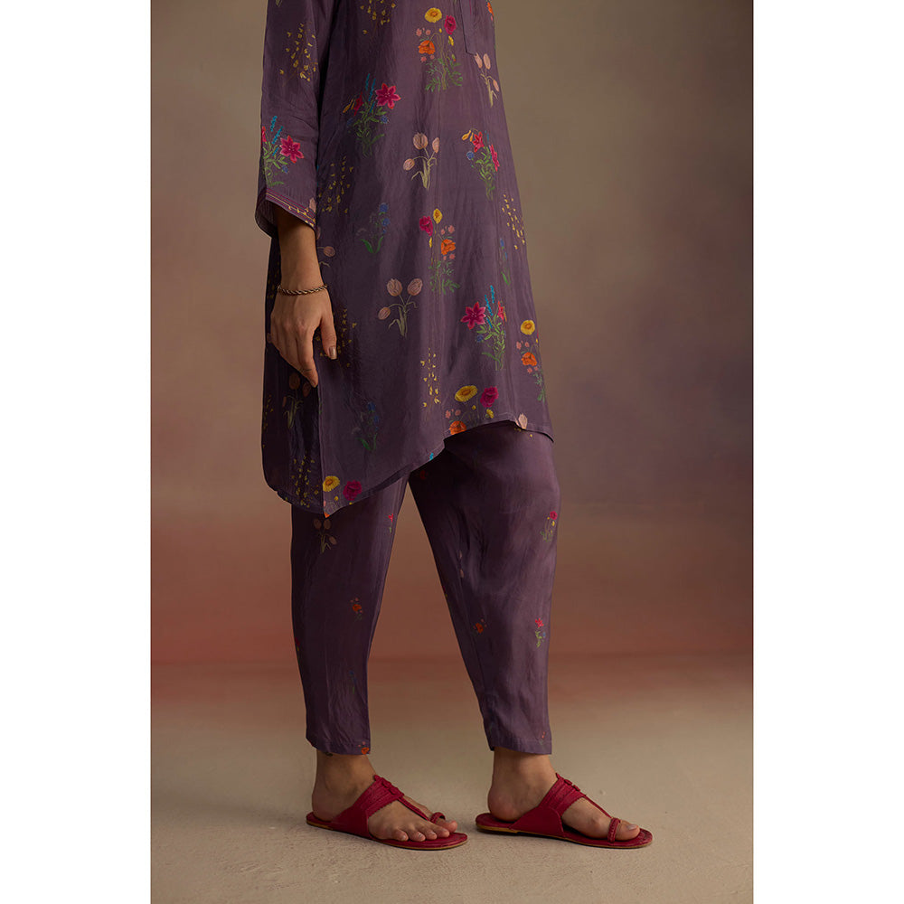 Roza Purple Zaira Floral Print Short Kurta with Salwar (Set of 2)