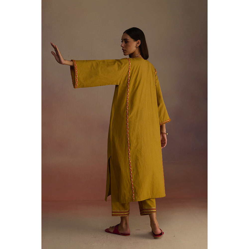 Roza Mustard Amber Embroidered Kurta with Pant (Set of 2)
