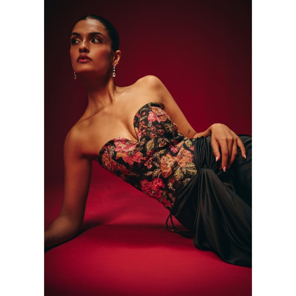 Roze Tisya Black Embroidered Corset Top with Skirt