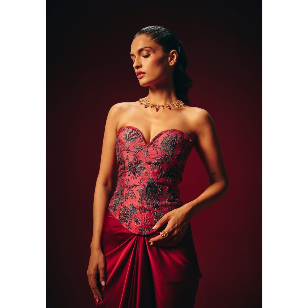 Roze Zyra Red Embroidered Corset Top with Skirt