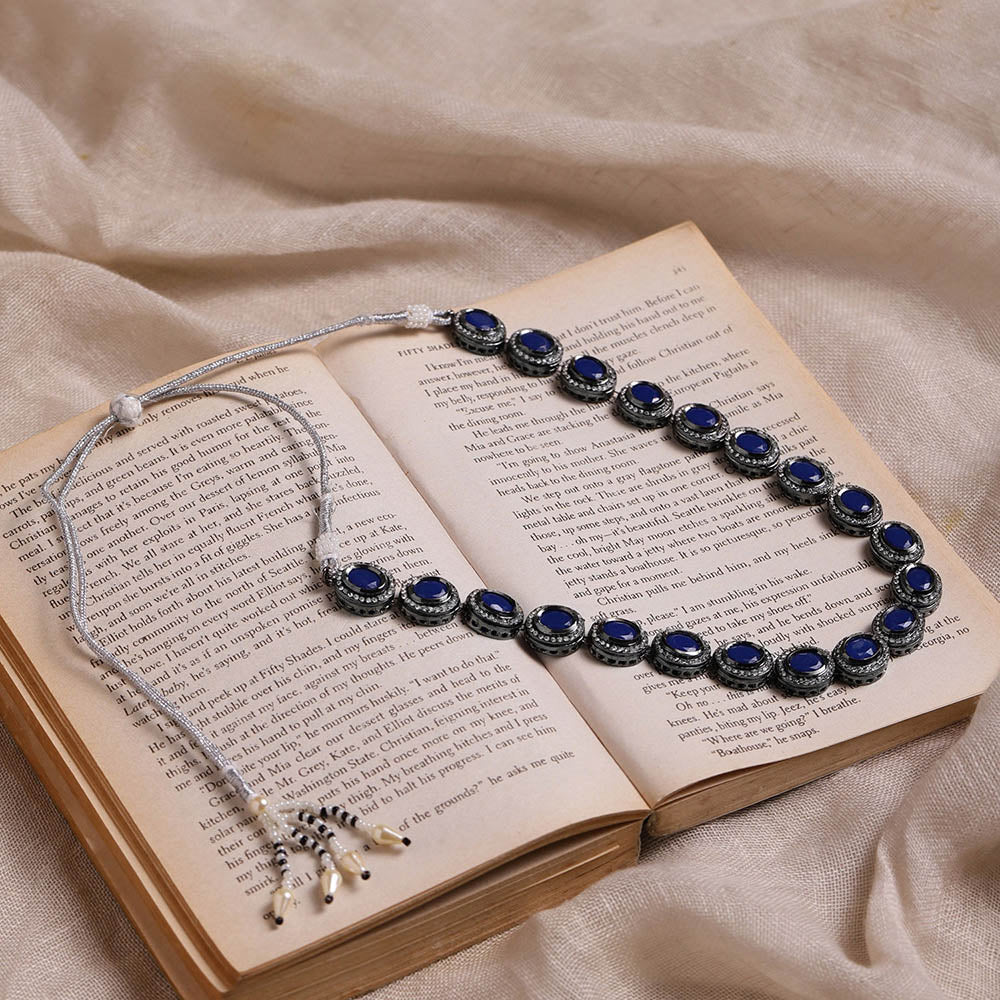 RUBY RAANG STUDIO Nai Fiza Blue Kundan American Diamond Silver Neckpiece
