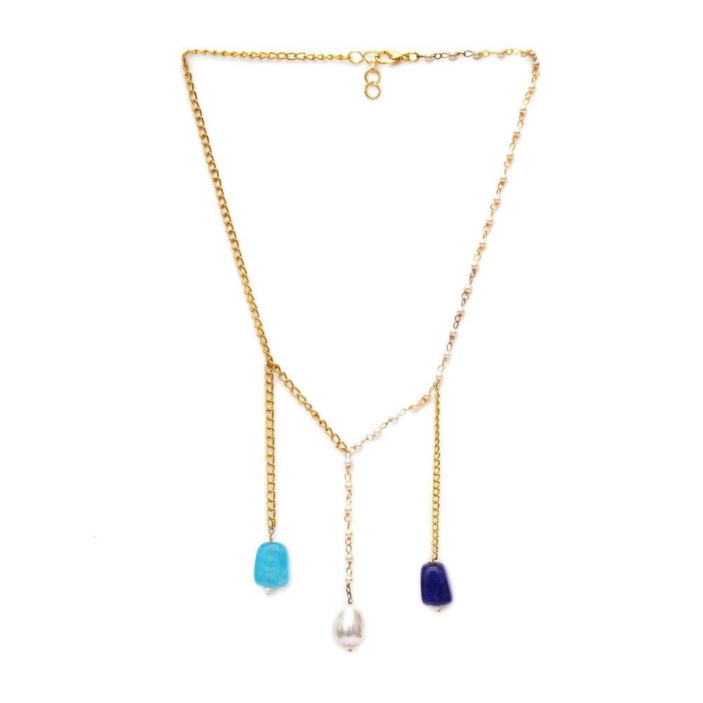 Ruby Raang Studio Long Multi Stone and Gold Chain Neckpiece