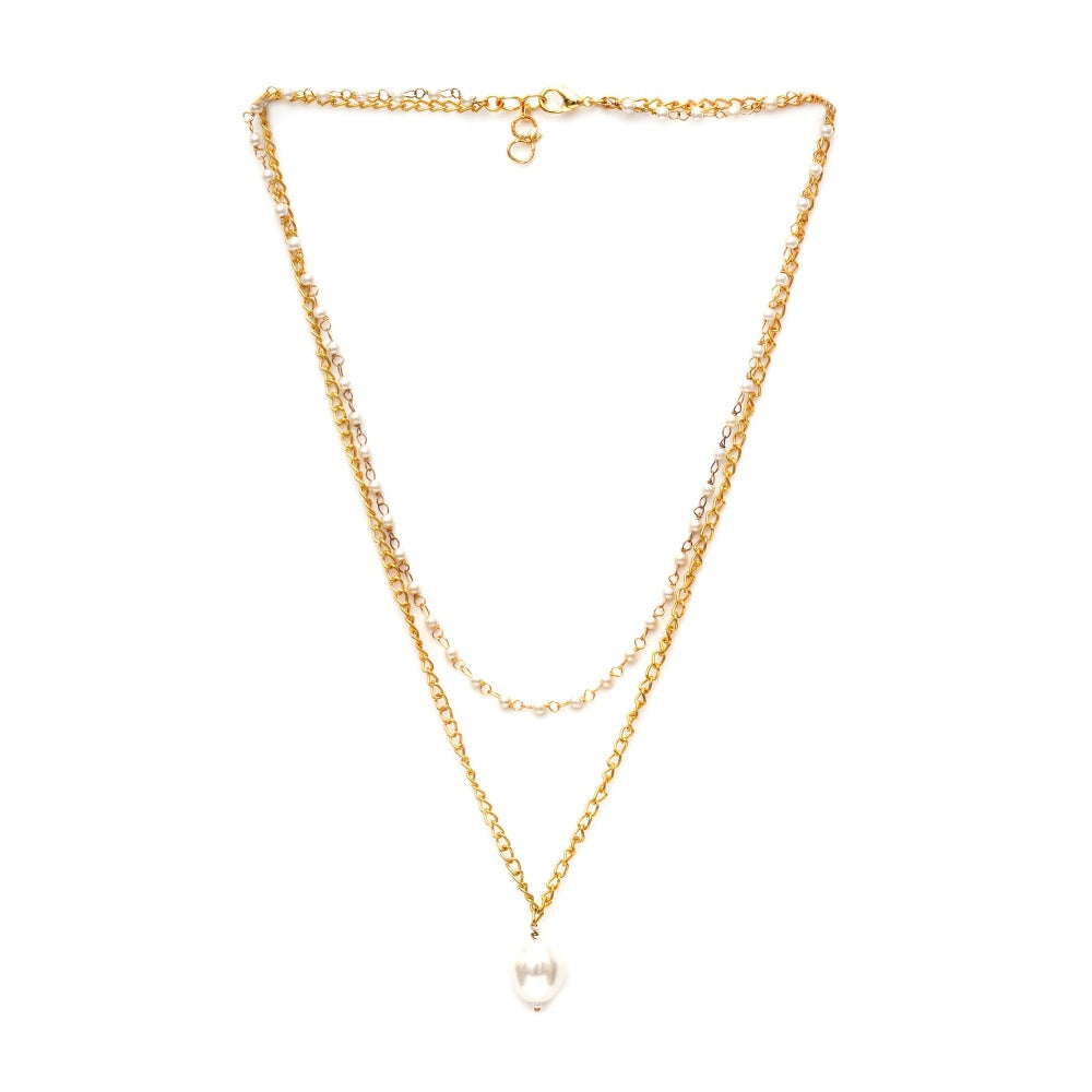 Ruby Raang Studio Layered White Pearl and Gold Neckpiece with Emeralds