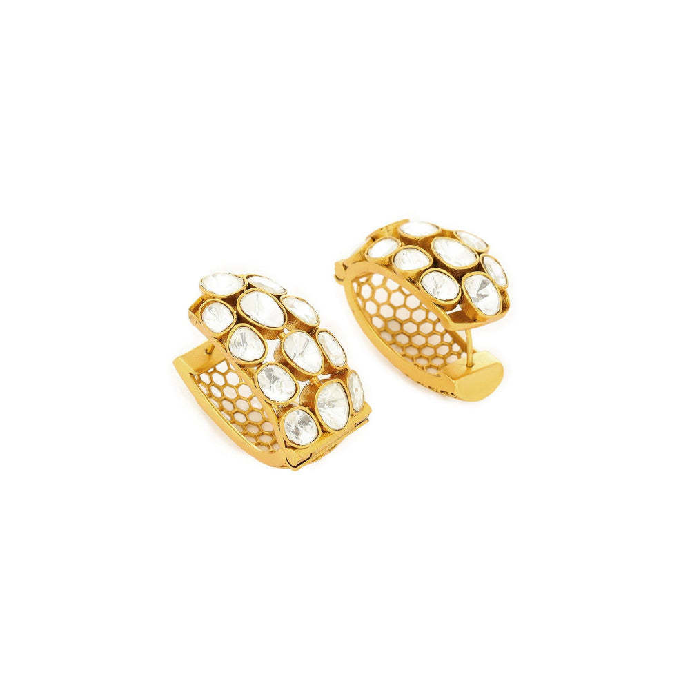 Ruby Raang Studio Glass Kundan Circular Earrings -White