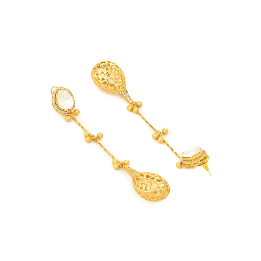 Ruby Raang Studio Glass Kundan Antique Finish Long Earrings -White