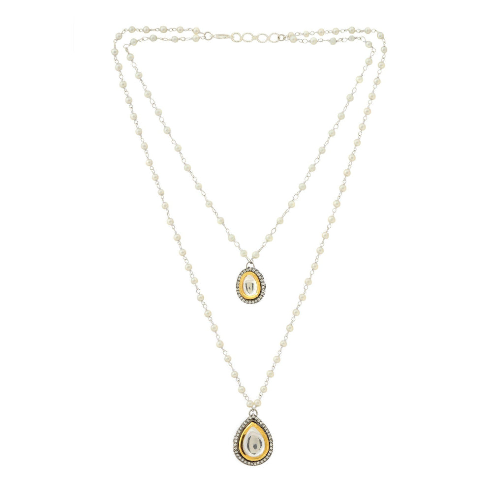 Ruby Raang Studio Beaded Chain Kundan Drop Necklace -White