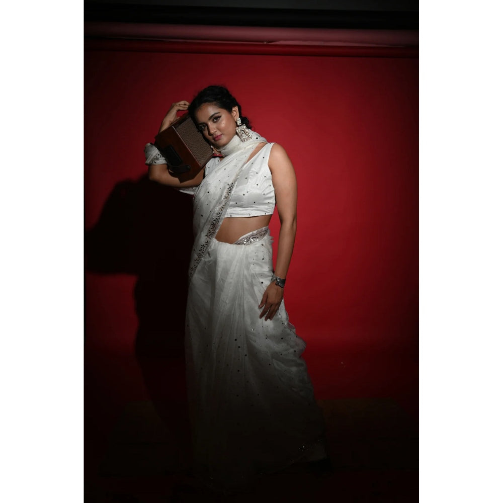 Ruhm White Banaras Sheer Saree with Stitched Blouse