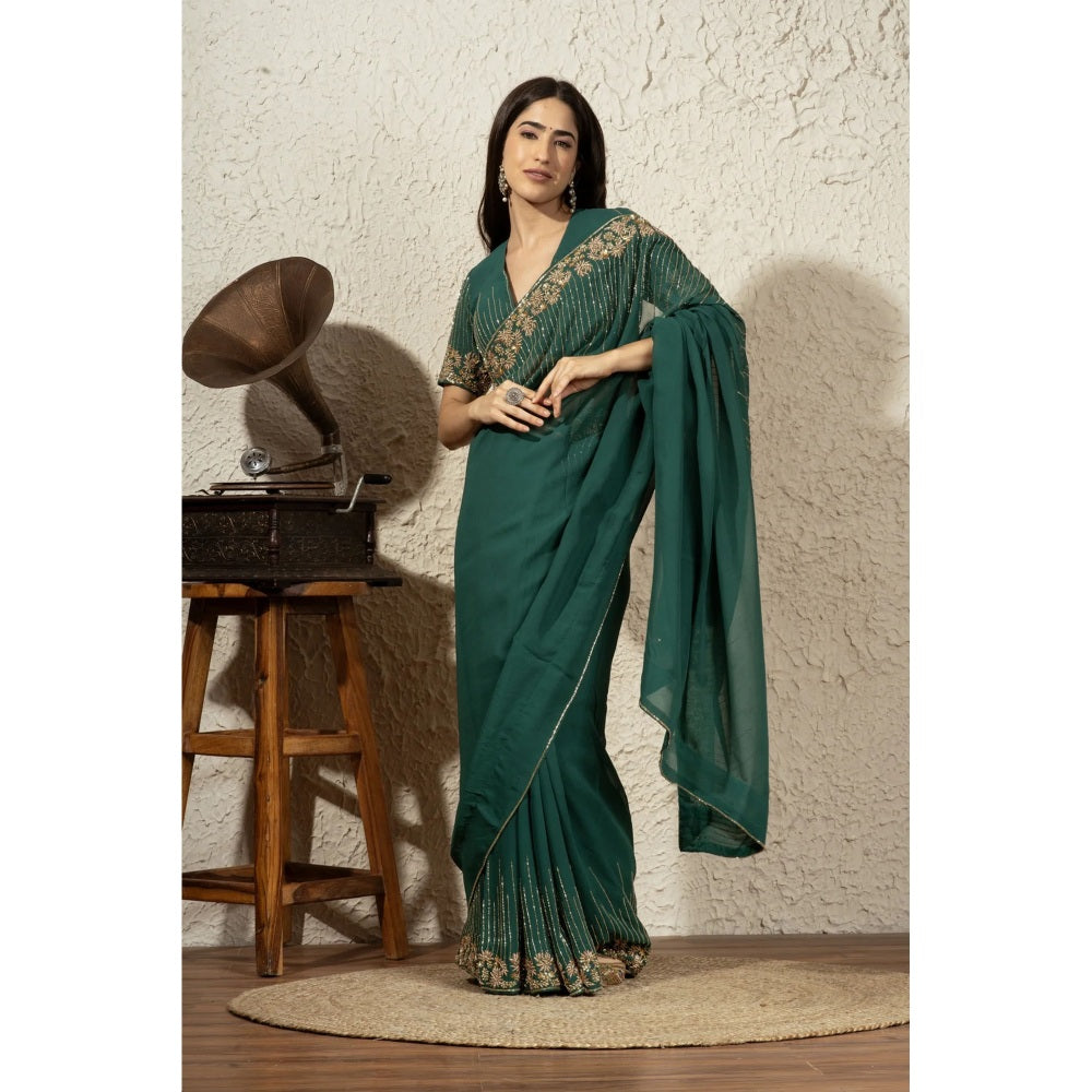 Ruhm Forest Green Saree with Stitched Blouse