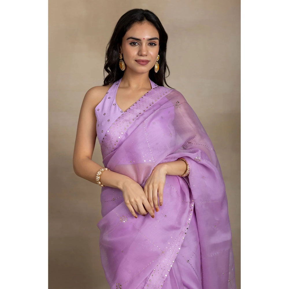 Ruhm Lavender Mukaish Organza Saree with Stitched Blouse