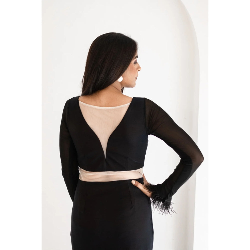 Ruhm Black Alamelu Gown with Cutouts and Feathers