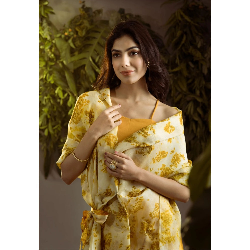 Ruhm Natural Marigold: Pure Hand-Weaved Silk Organza Cape and Satin Drape Skirt Set