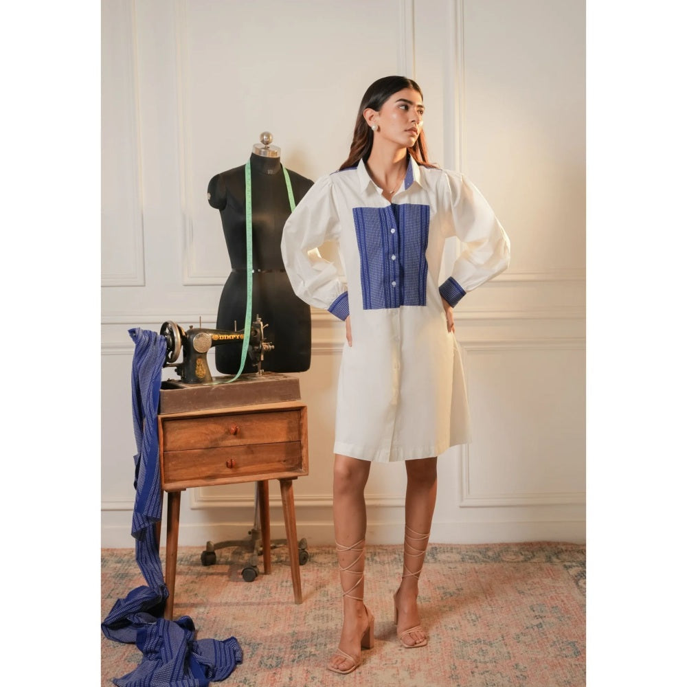 Ruhm White Upcycled Blue Kantha Shirt Dress