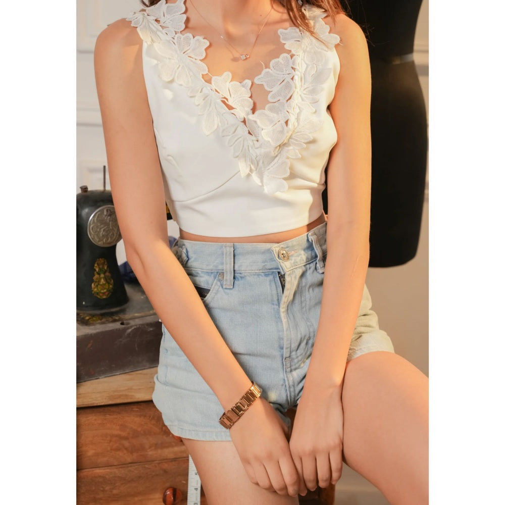 Ruhm White Lace Mist Crop Top
