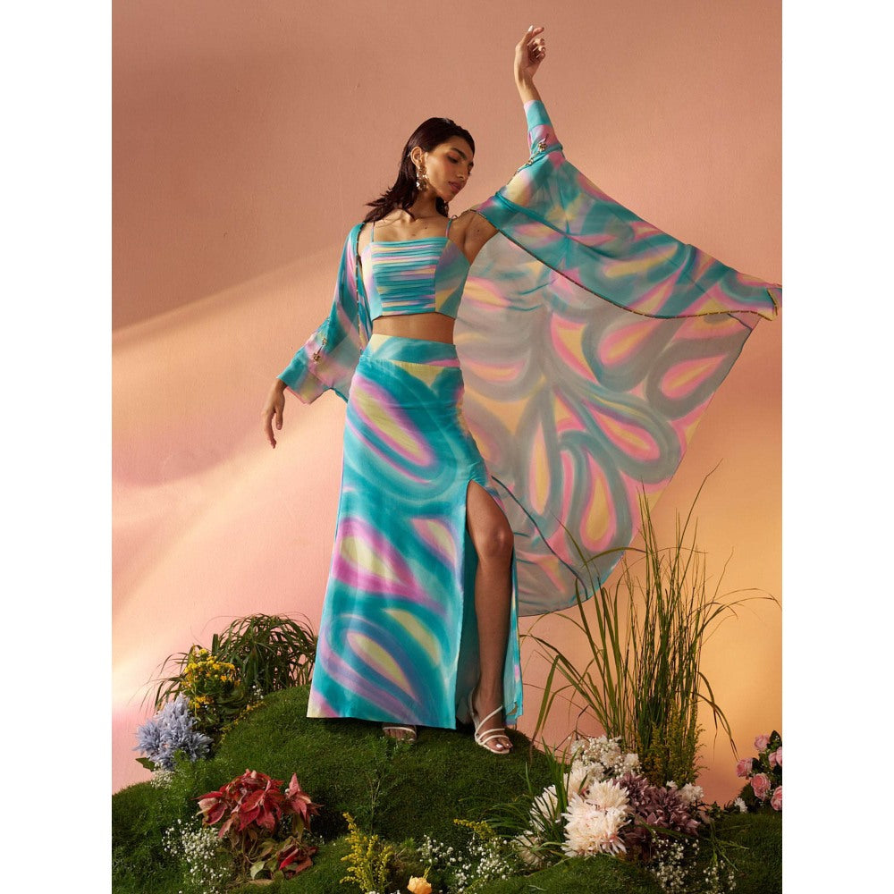Rukinder Kumar Blue Dye Print Cape with Crop Top and Skirt (Set of 3)