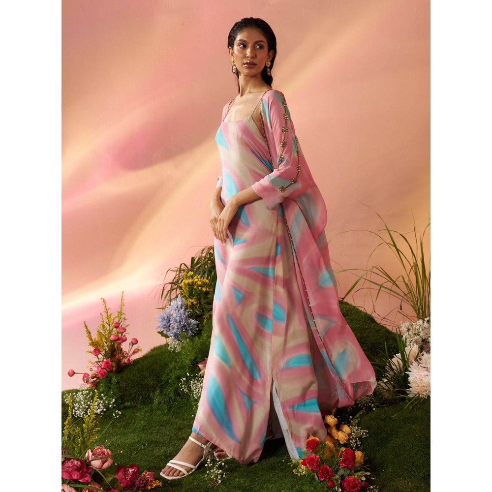 Rukinder Kumar Multi-Colour Dye-Print Cape with Dress (Set of 2)