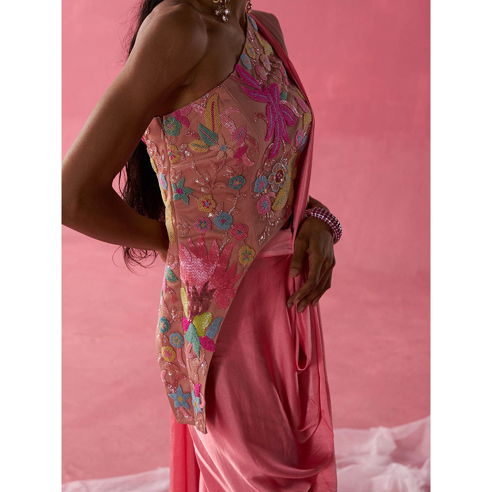 Rukinder Kumar Pink Sunset Glamour Draped Saree with Stitched Blouse