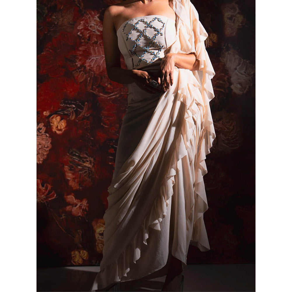 Rukinder Kumar Ivory Cascade Draped Saree with Stitched Blouse