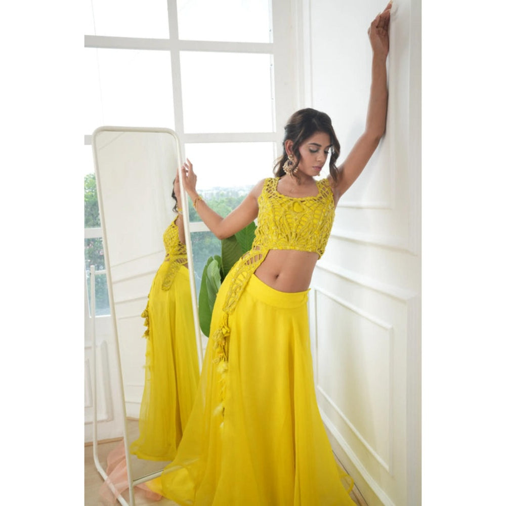 Rukinder Kumar Lime Yellow Cut-Work Blouse with Lehenga with Dupatta