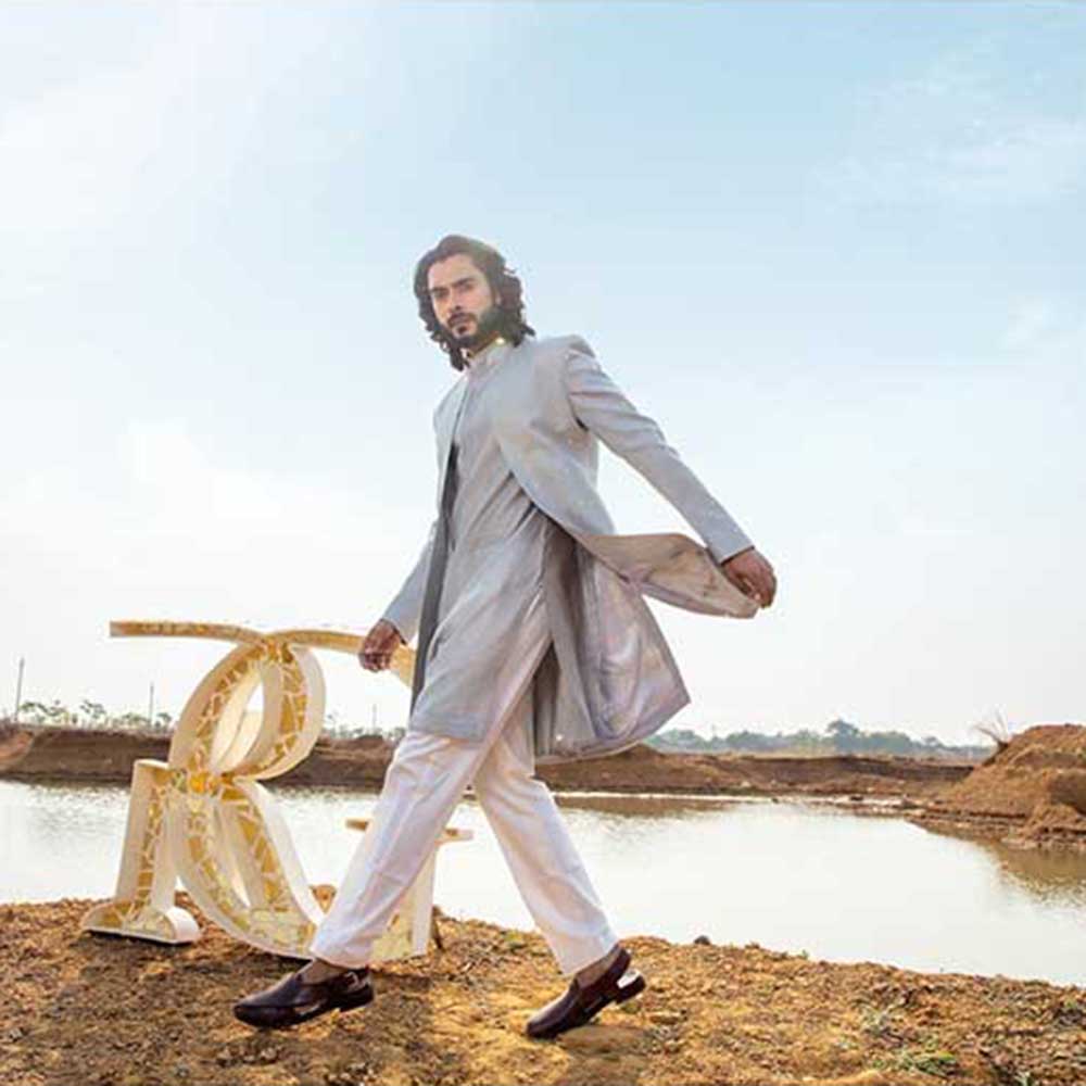 Runit Gupta Smoke Grey Sherwani with Kurta and Pant (Set of 3)