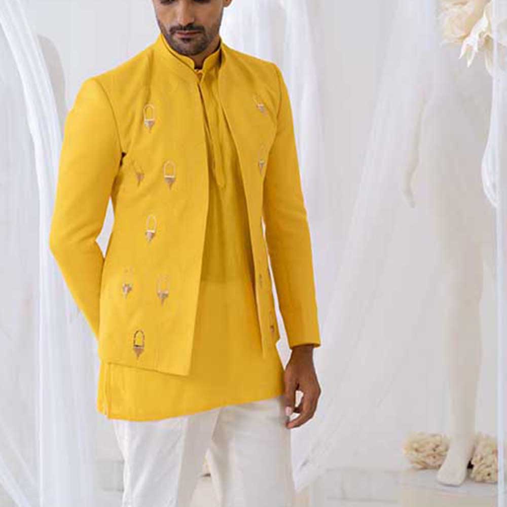 Runit Gupta Yellow Gold Khidki Jodhpuri Jacket with Kurta and Pant (Set of 3)