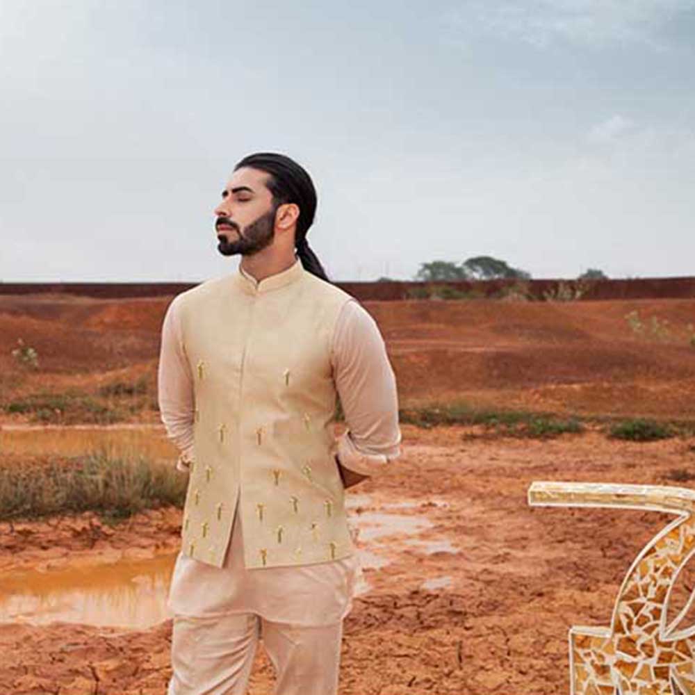 Runit Gupta Khaki Cutpipe Bundi Jacket with Kurta and Pant (Set of 3)