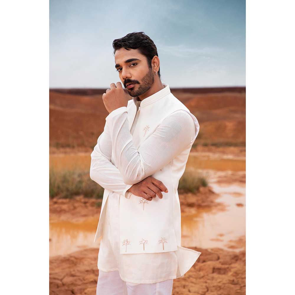 Runit Gupta Snow Cutpipe Bundi Jacket with Kurta and Pant (Set of 3)