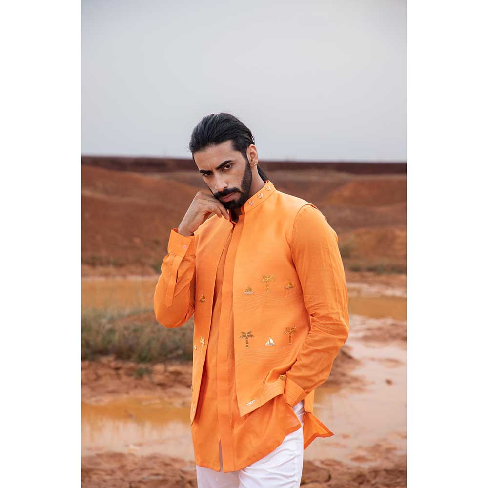 Runit Gupta Tangerine Boat Bundi Jacket with Kurta and Pant (Set of 3)