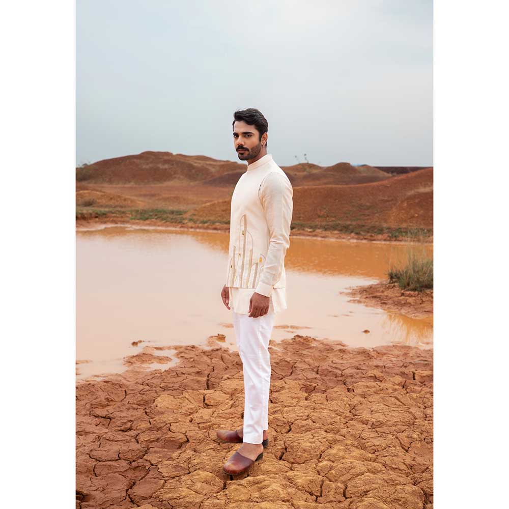 Runit Gupta Sand Abstract Bundi Jacket with Kurta and Pant (Set of 3)