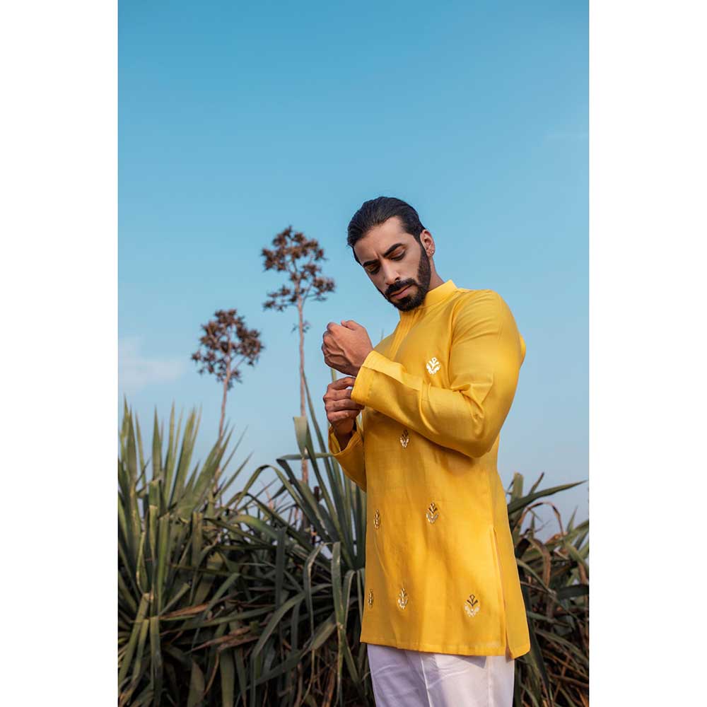 Runit Gupta Yellow Moth Short Kurta with Pant (Set of 2)