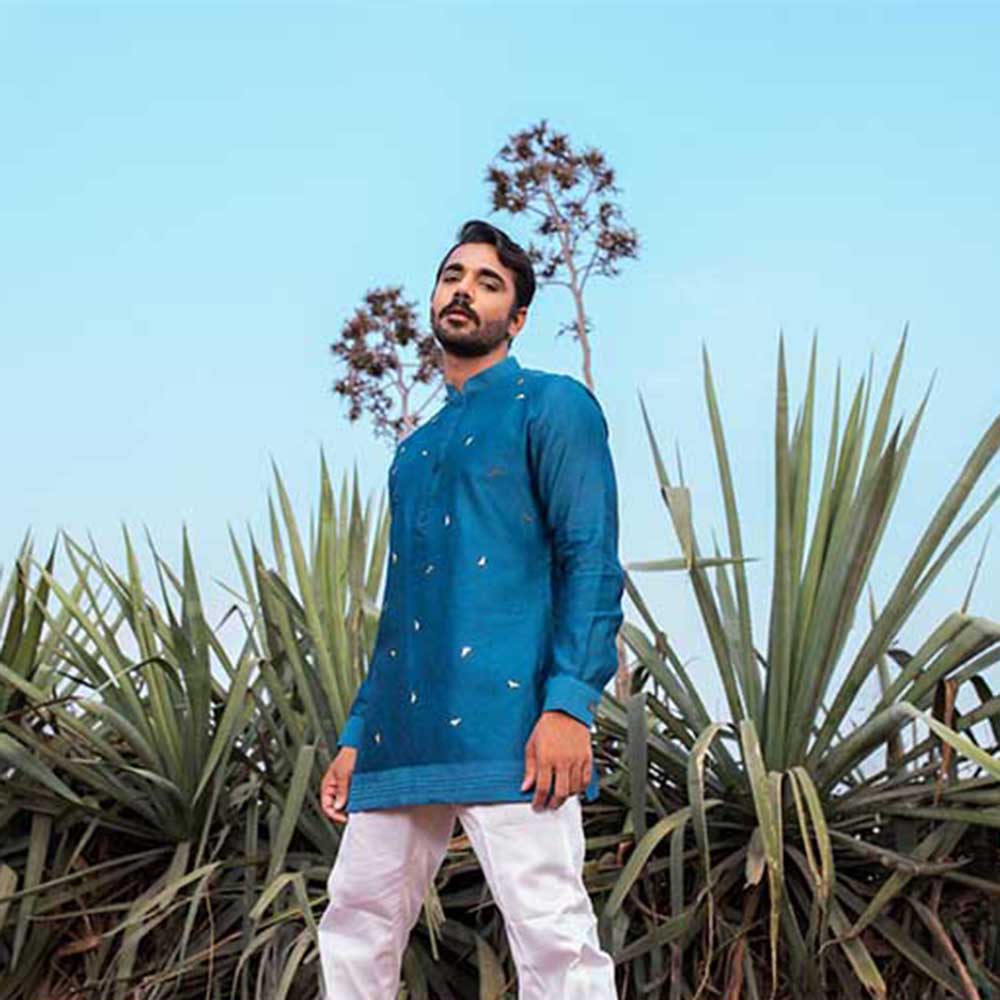 Runit Gupta Navy Blue Abstract Short Kurta with Pant (Set of 2)