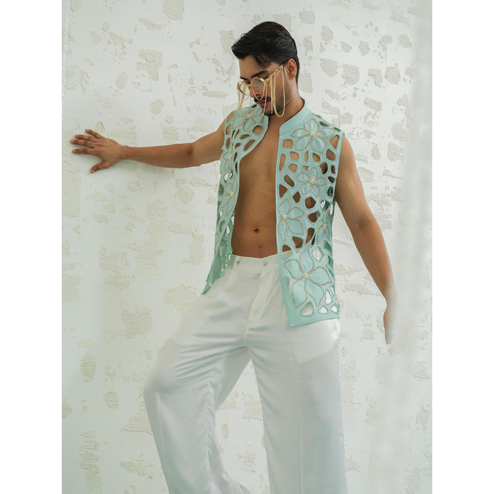 Runit Gupta Blue Cutwork Floral Nehru Jacket