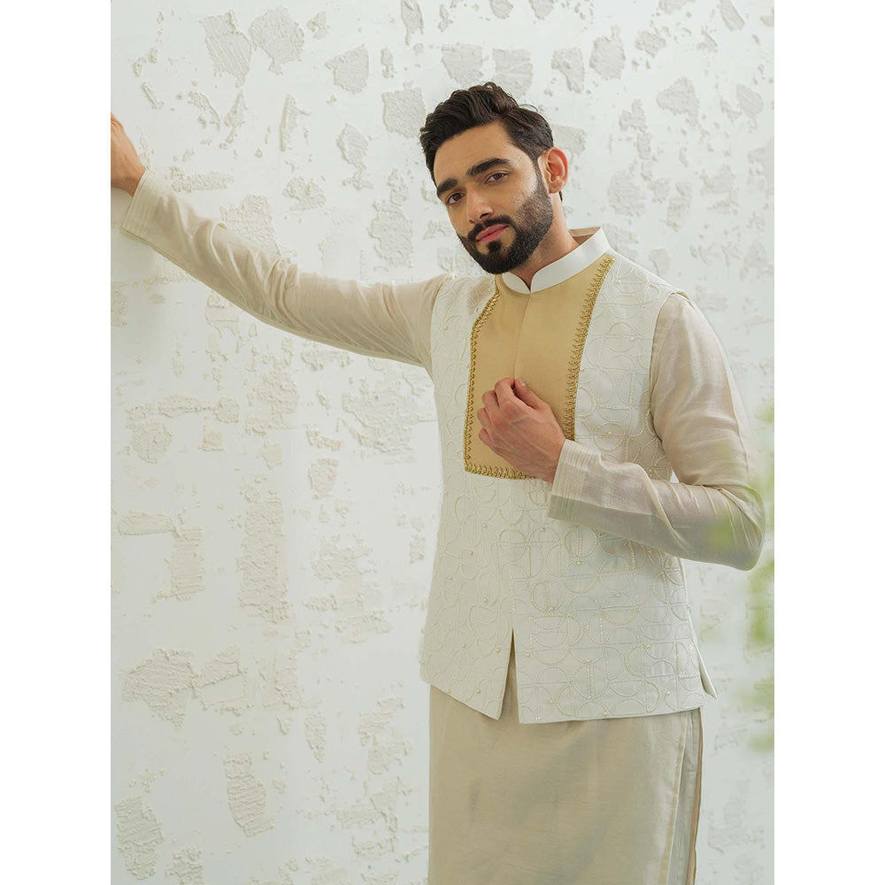 Runit Gupta Ochre Patch Semicircle Kurta with Pyjama and Nehru Jacket