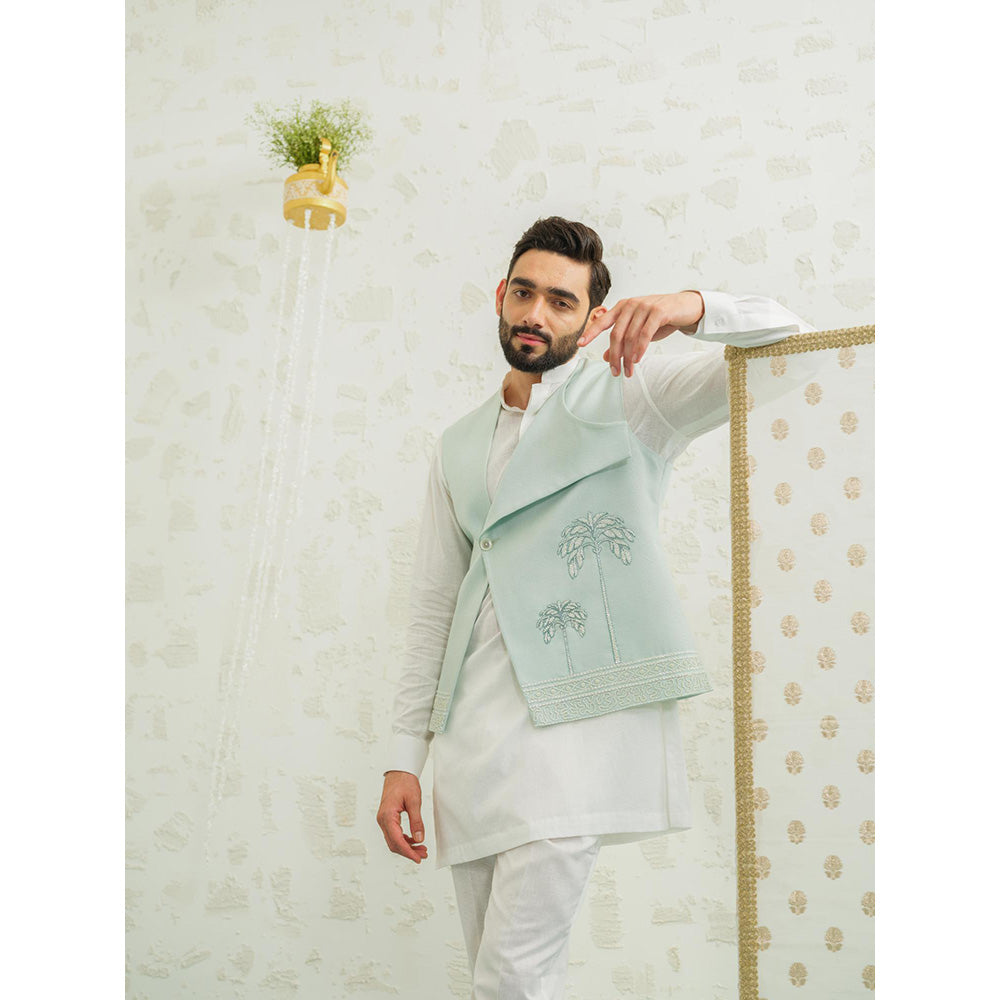 Runit Gupta Flap Palm Blue Kurta with Pyjama and Nehru Jacket