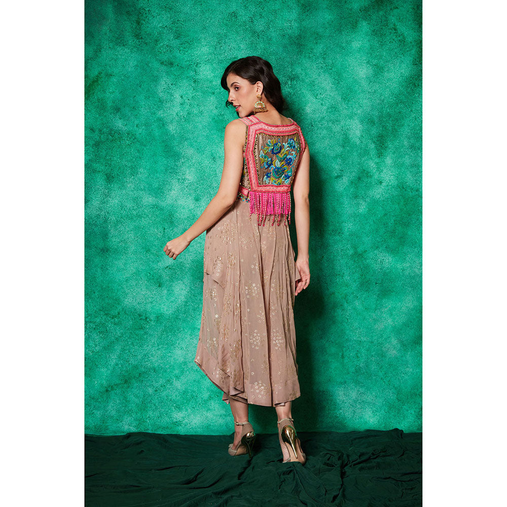 Saaj by Ankita Beige Embroidered Crop Jacket with Drape Flared Pants (Set of 2)