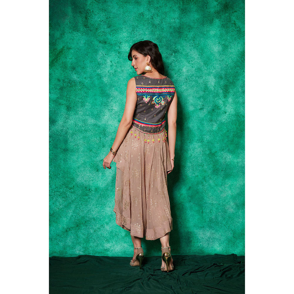 Saaj by Ankita Taupe Embroidered Jacket with Drape Flared Pants (Set of 2)