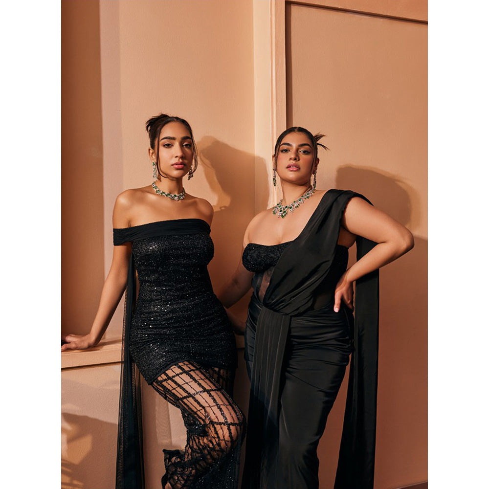 Saanjh by Lea Aayat Black Embroidered Multi Way Co-Ord (Set of 3)