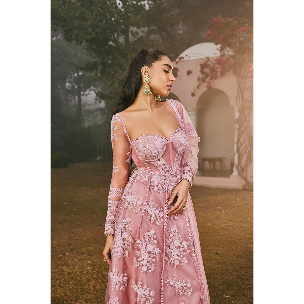 Saanjh by Lea Fariha Blush Pink Embroidered Anarkali Kurta with Pant and Dupatta (Set of 3)