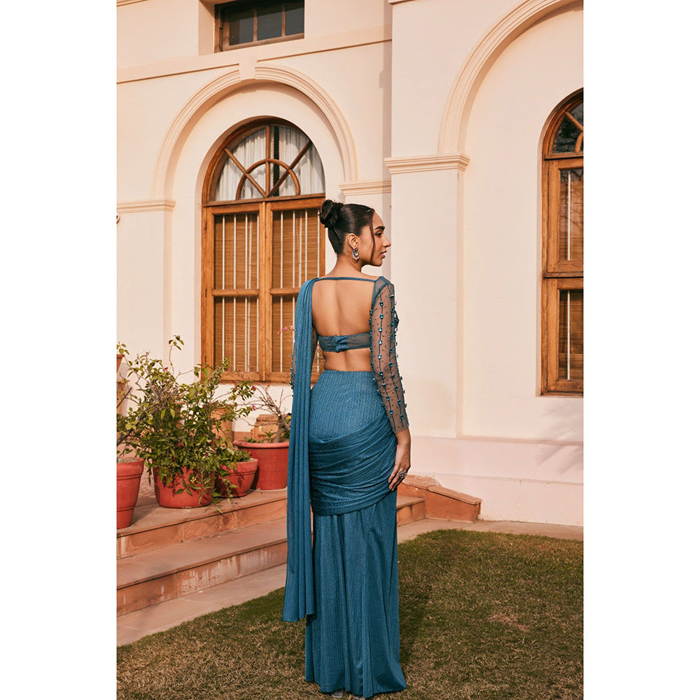 Saanjh by Lea Uzma Teal Chiffon Pre-Draped Saree with Stitched Blouse