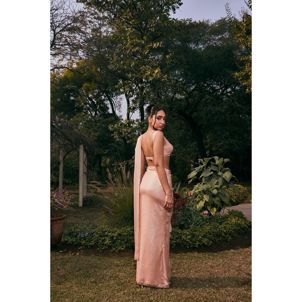 Saanjh by Lea Amber Pink Shimmer Organza Pre-Draped Saree with Stitched Blouse