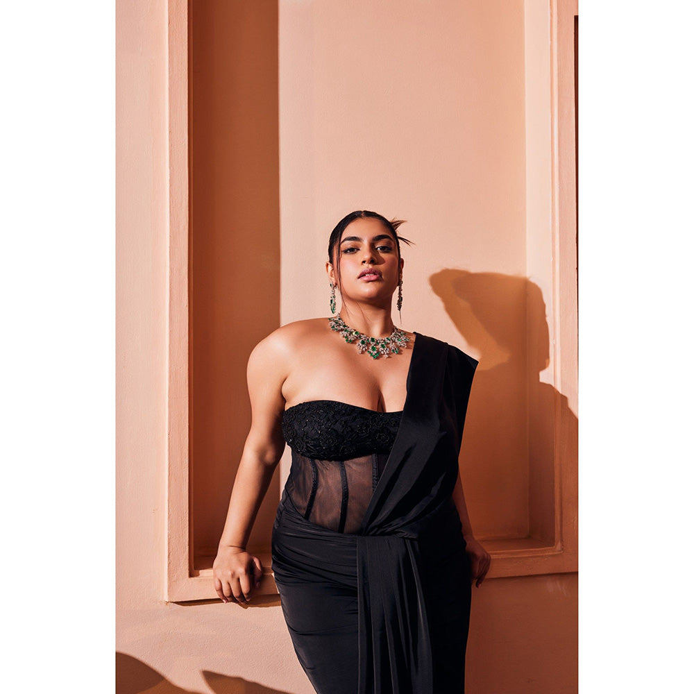 Saanjh by Lea Fida Black Saree with Attached Blouse