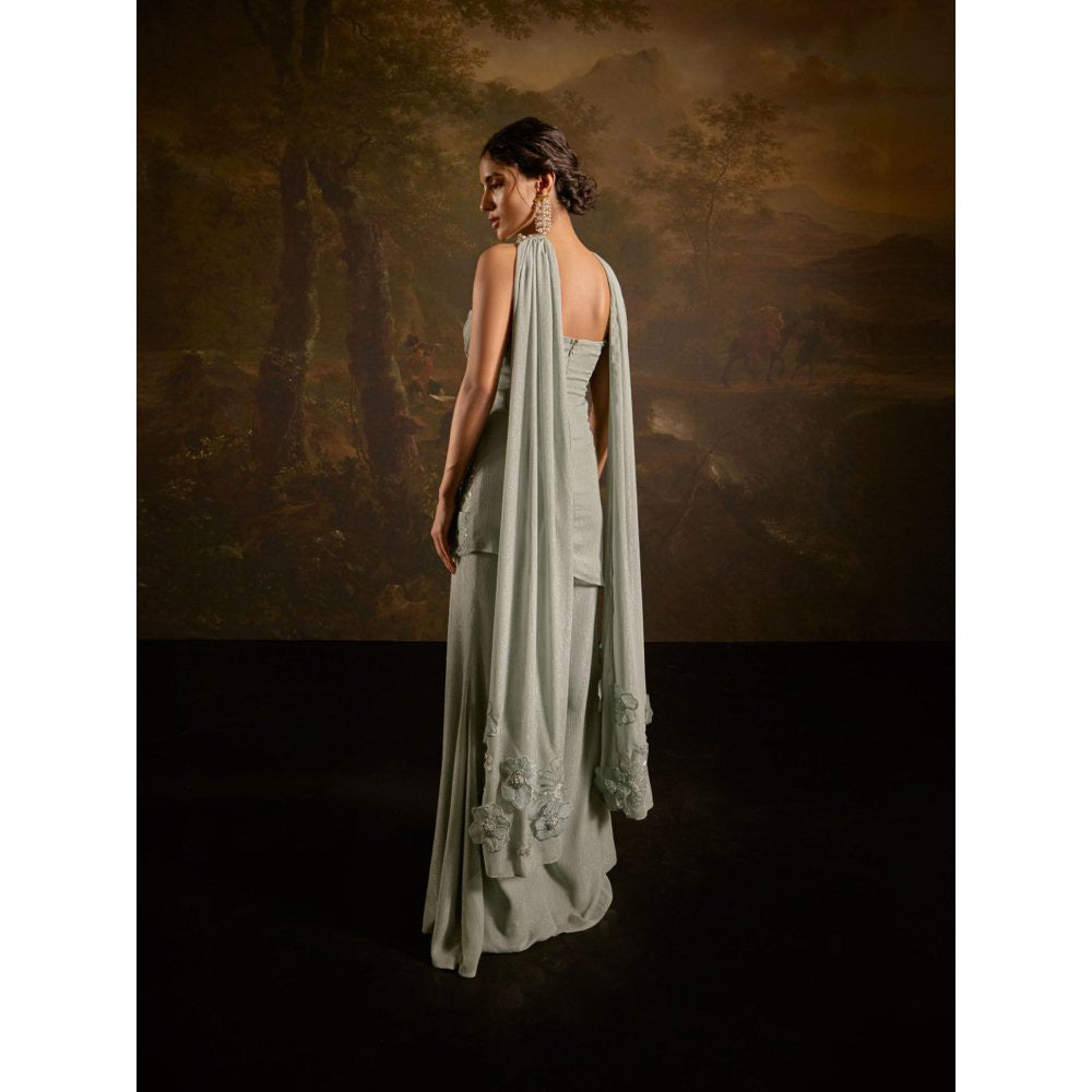 Saanjh by Lea Nakhat Sage Green Embroidered Short Kurta with Sharara and Dupatta (Set of 3)