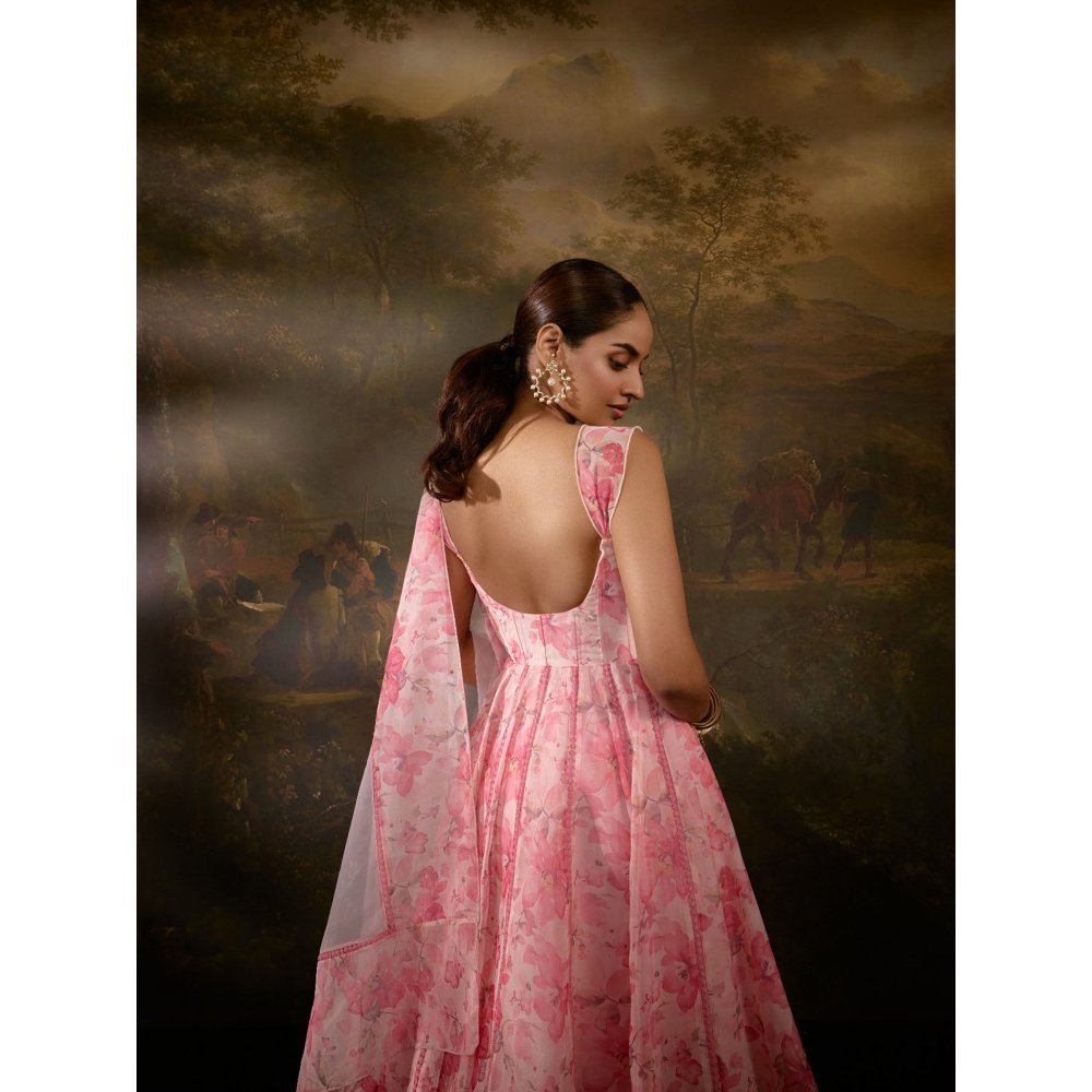 Saanjh by Lea Tanvee Pink Floral Printed Anarkali with Pant and Dupatta (Set of 3)