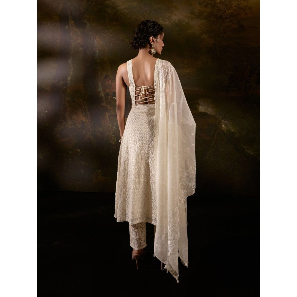 Saanjh by Lea Sajoon Beige Chikankari Anarkali with Pant and Dupatta (Set of 3)