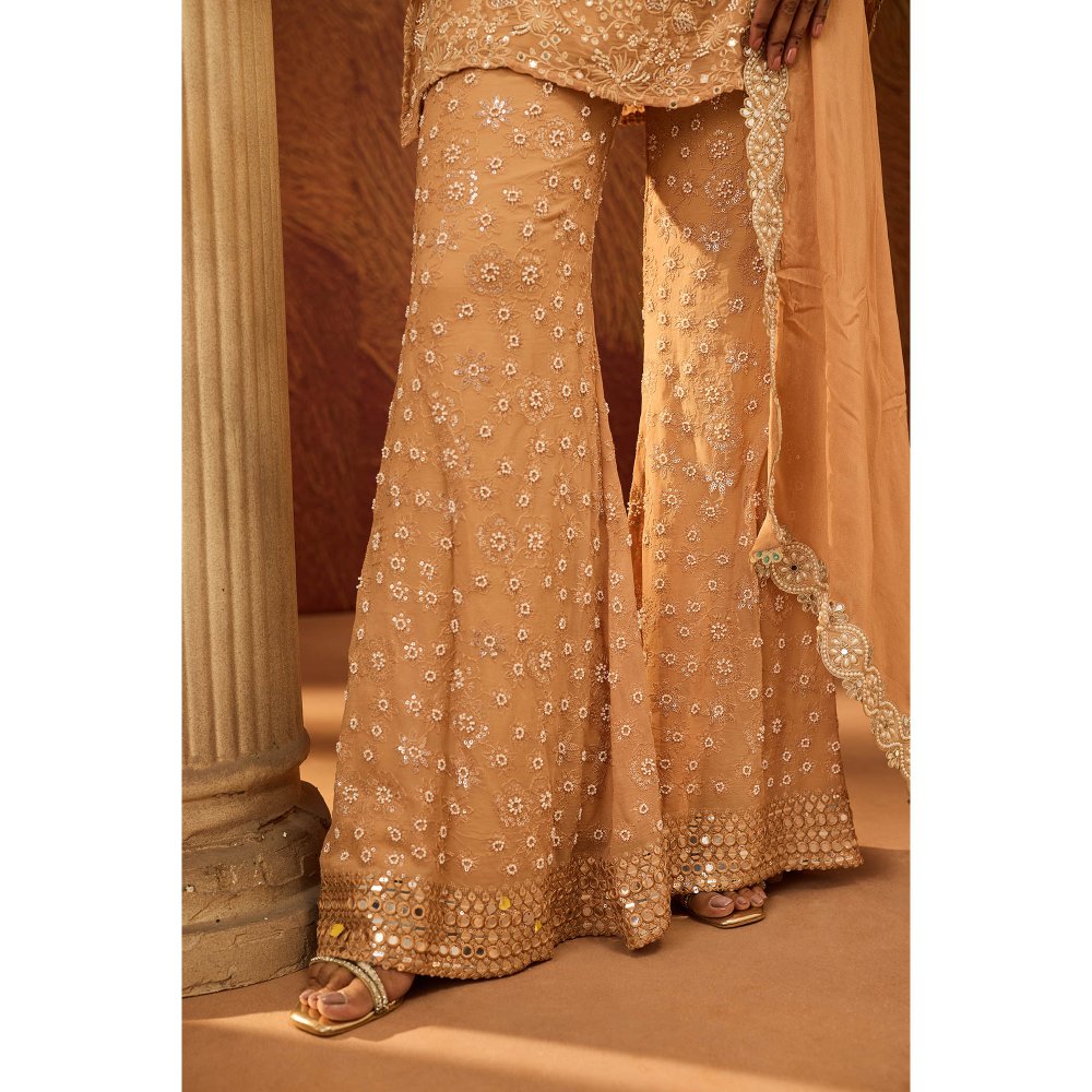 Saanjh by Lea Namya Buff Orange Embroidered Kurta with Sharara & Dupatta (Set of 3)