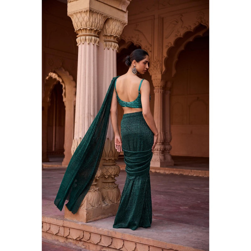 Saanjh by Lea Aazina Emerald Green Pre-Stitched Saree with Stitched Blouse