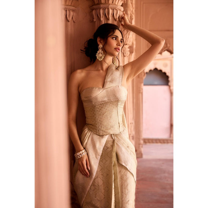Saanjh by Lea Zaida Beige Banarasi Pre-Draped Saree with Stitched Blouse
