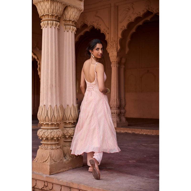 Saanjh by Lea Nisreen Peach Mulmul Anarkali Kurta with Pant and Dupatta