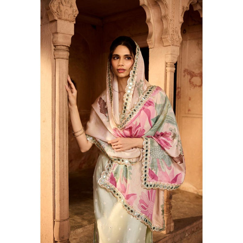 Saanjh by Lea Nusra Sage Green Long Kurta with Pant and Dupatta