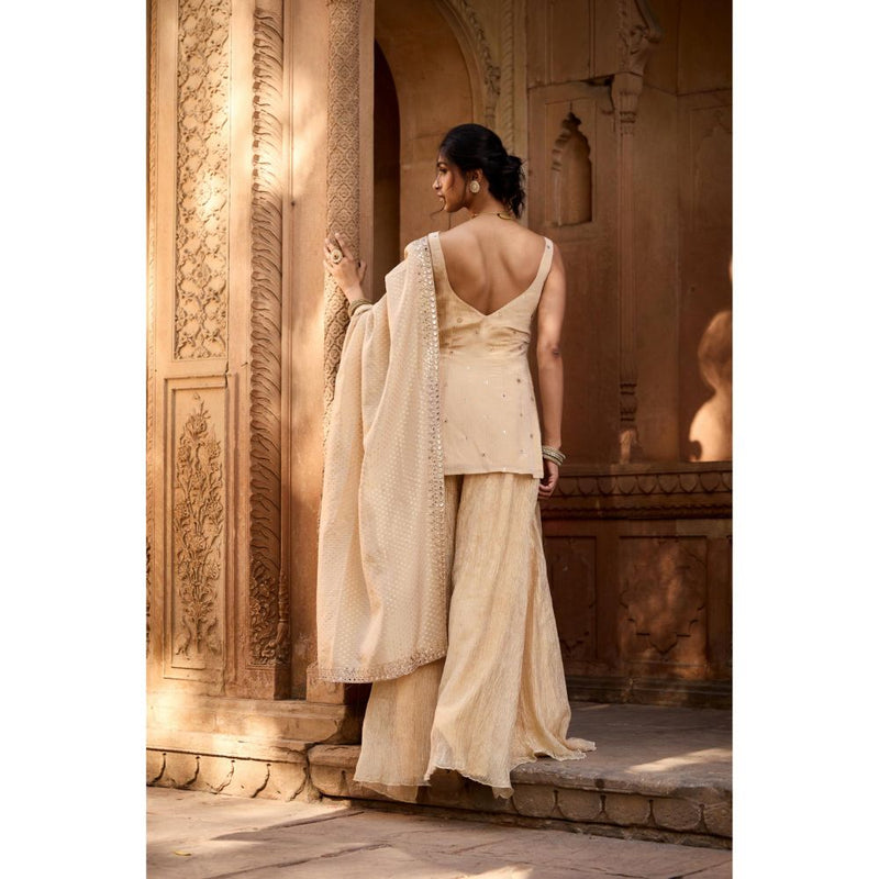 Saanjh by Lea Rumaisa Golden Sleeveless Embroidered Beige Sharara with Kurti and Dupatta